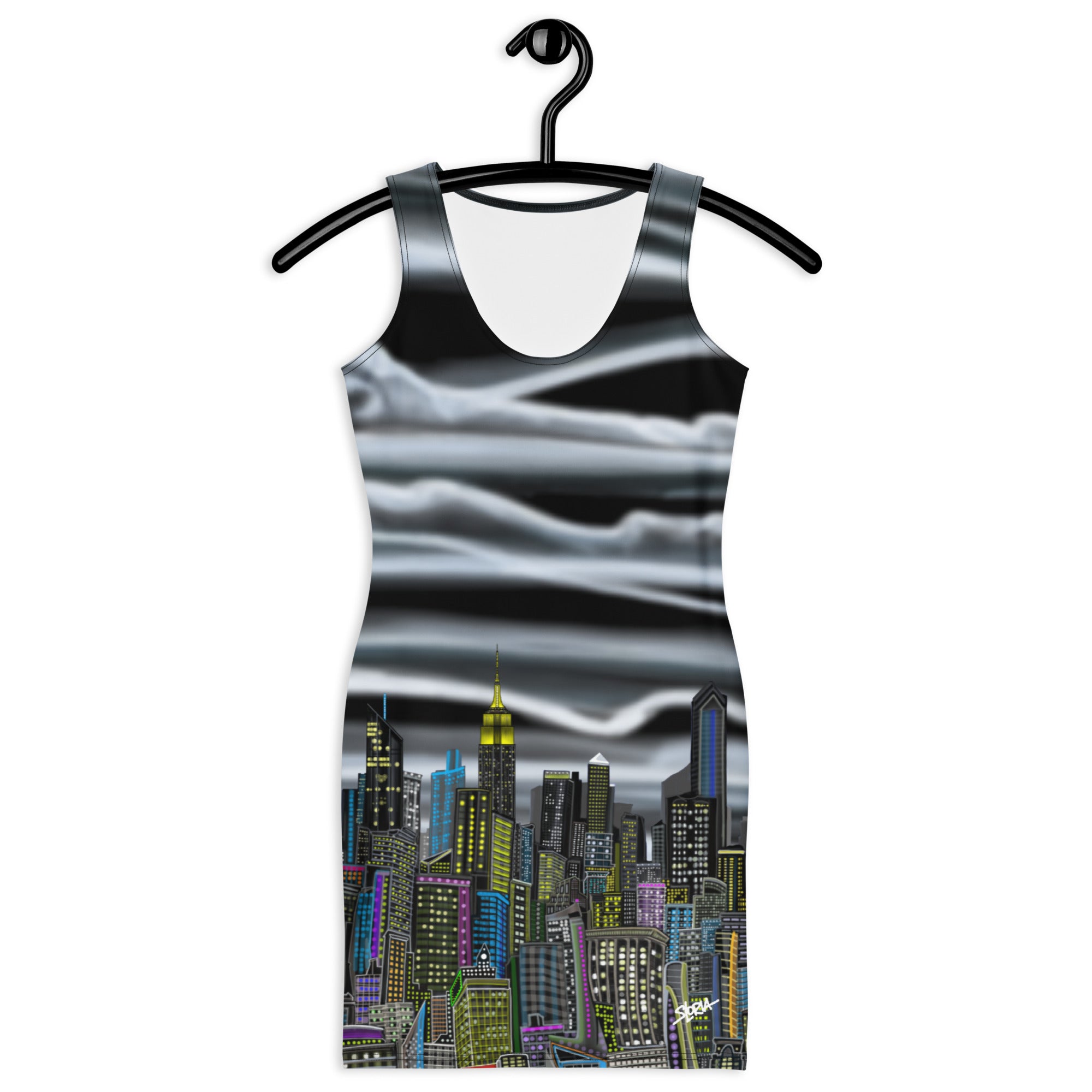 Front of Bodycon Dress with Nuvola Notturna Abstract Skyline design by S.Loria NYC Art on a hanger against a white background