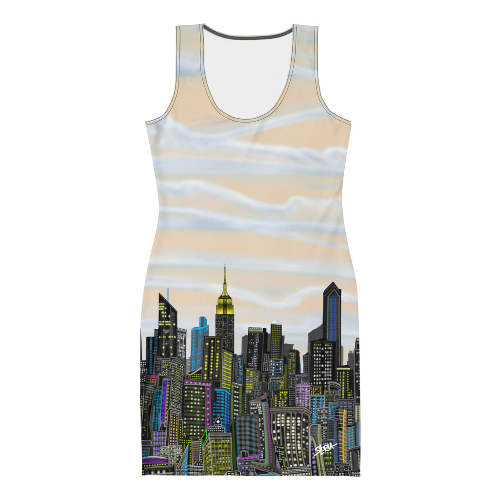 Bodycon Dress Manhattan Champagne color Luminoso Abstract Skyline design by  S.Loria NYC Art