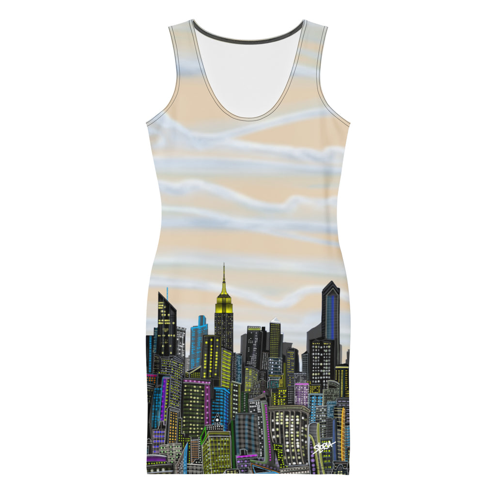 Front of Bodycon Dress of Manhattan Champagne color Luminoso Abstract Skyline design by  S.Loria NYC Art