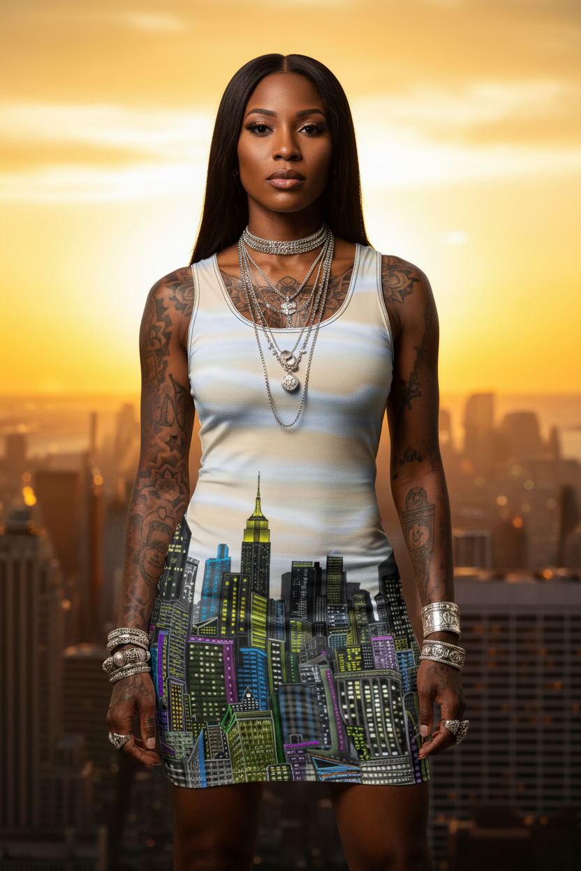 Woman wearing a dress designed by Loria NYC Art with cityscape design against a city skyline backdrop
