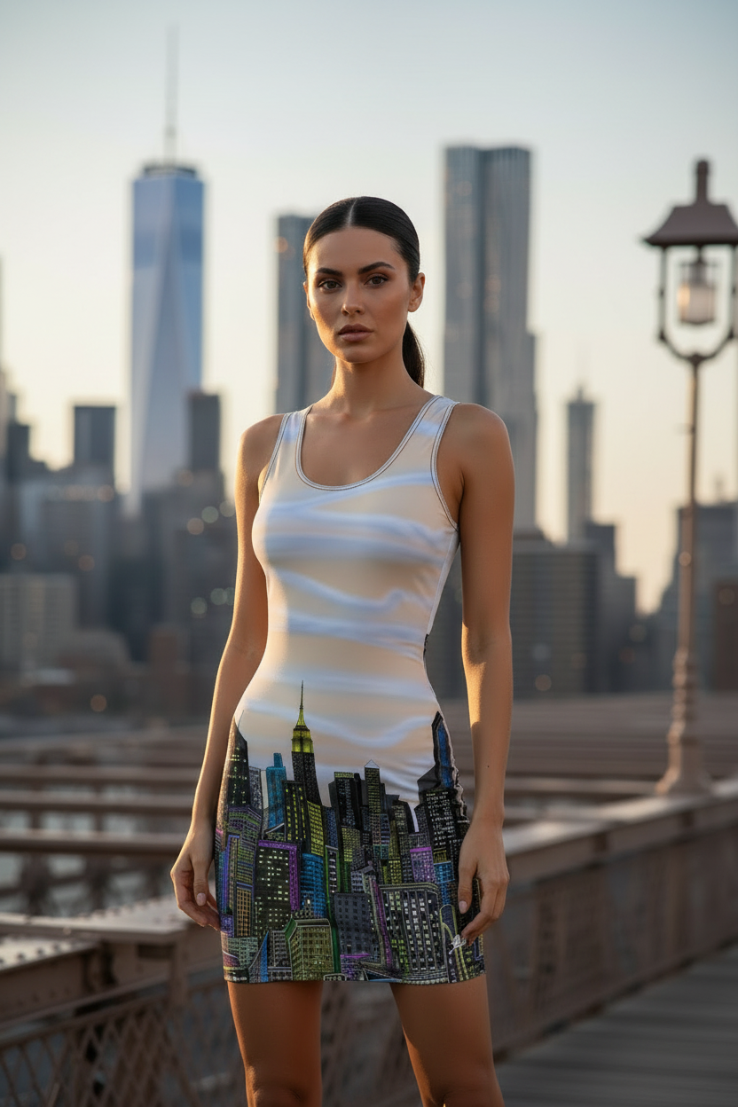 Woman posing in a Loria NYC Art dress standing on a bridge with a city skyline in the background