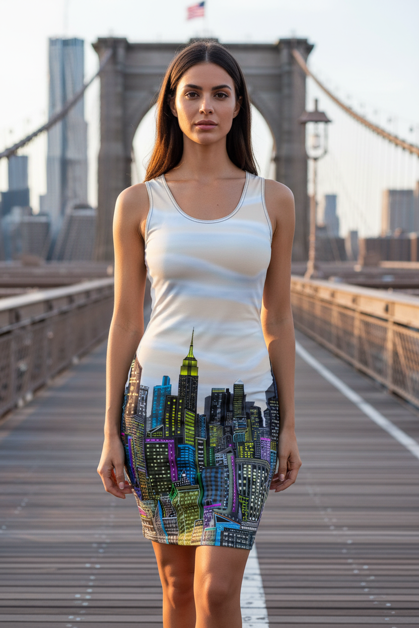 Woman wearing a colorful cityscape Loria NYC Art dress on a bridge with a city skyline in the background.
