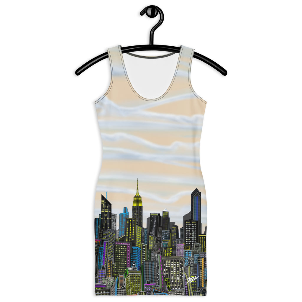 Front of Bodycon Dress of Manhattan Champagne color Luminoso Abstract Skyline design by S.Loria NYC Art  on a hanger against a white background