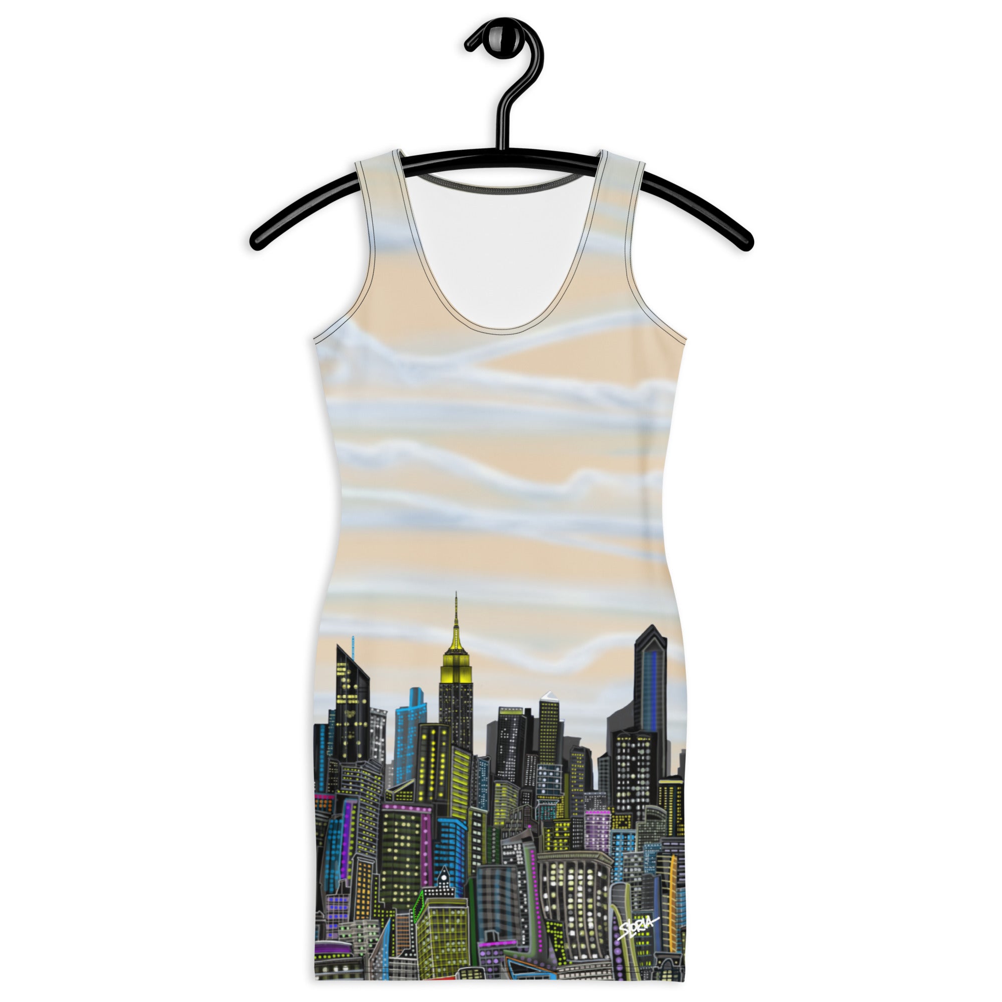 Front of Bodycon Dress of Manhattan Champagne color Luminoso Abstract Skyline design by S.Loria NYC Art  on a hanger against a white background