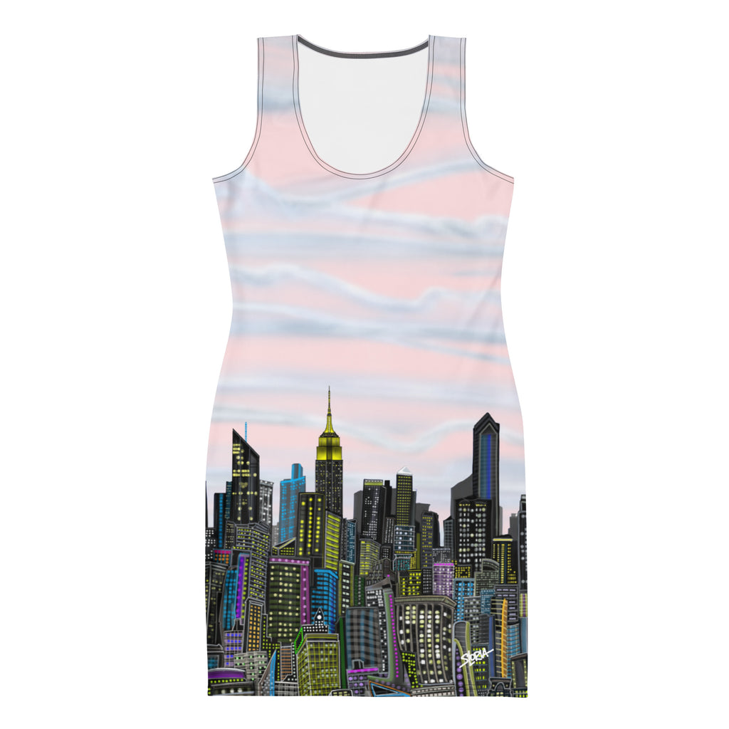 Dress with Rosa Pallido Manhattan NYC Skyline by Loria NYC Art cityscape design on a white background