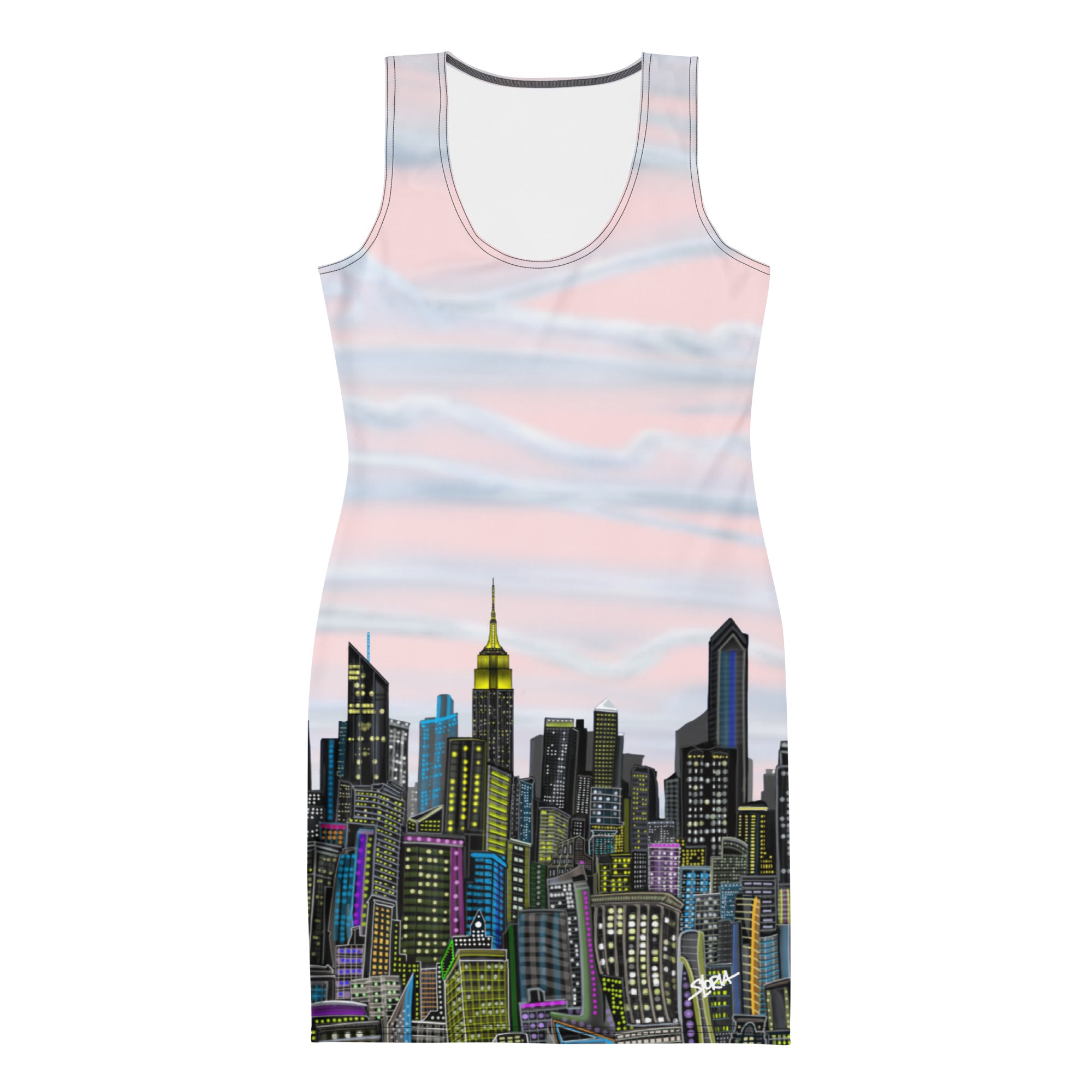 Dress with Rosa Pallido Manhattan NYC Skyline by Loria NYC Art cityscape design on a white background