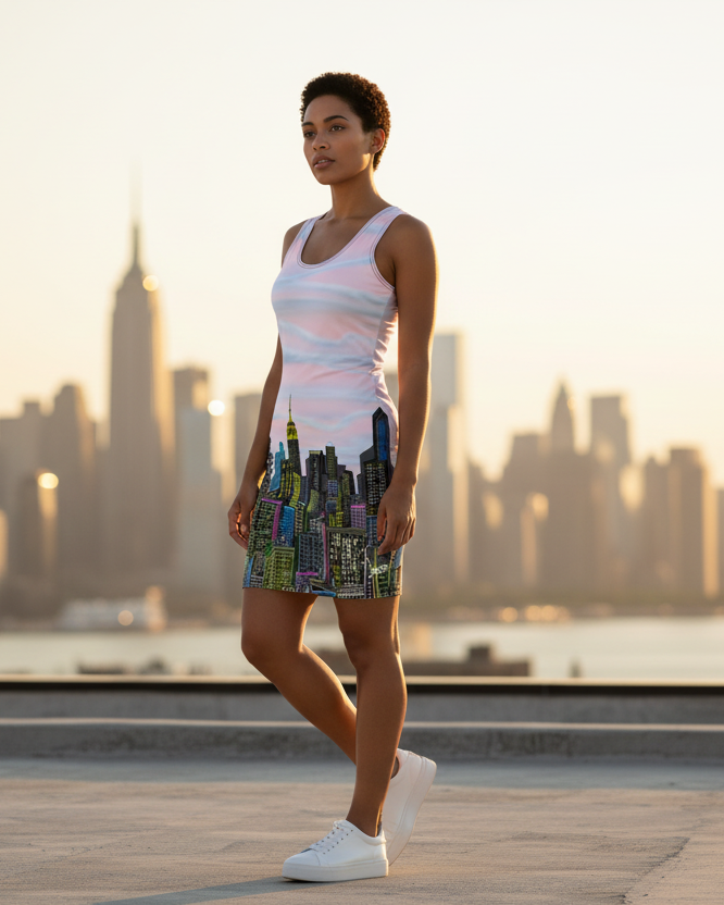 Woman standing on a rooftop wearing a Bodycon Loria NYC Art city skyline dress 