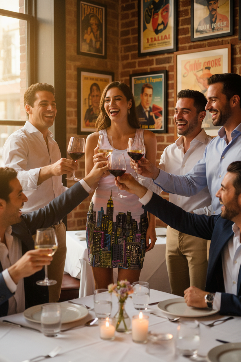 Lady wearing pink Loria NYC Art dress with a Group of people toasting with wine glasses in a restaurant setting.