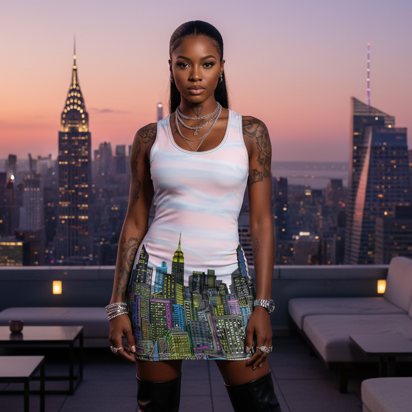 Woman standing on a rooftop wearing a   city skylineLoria NYC Art dress  