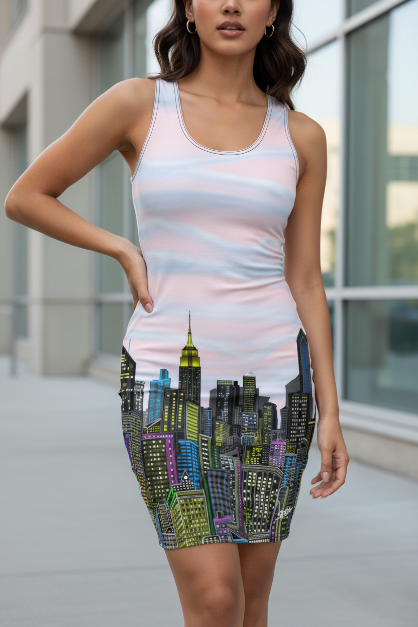 Woman wearing a dress with a Loria NYC Art cityscape design in an urban setting