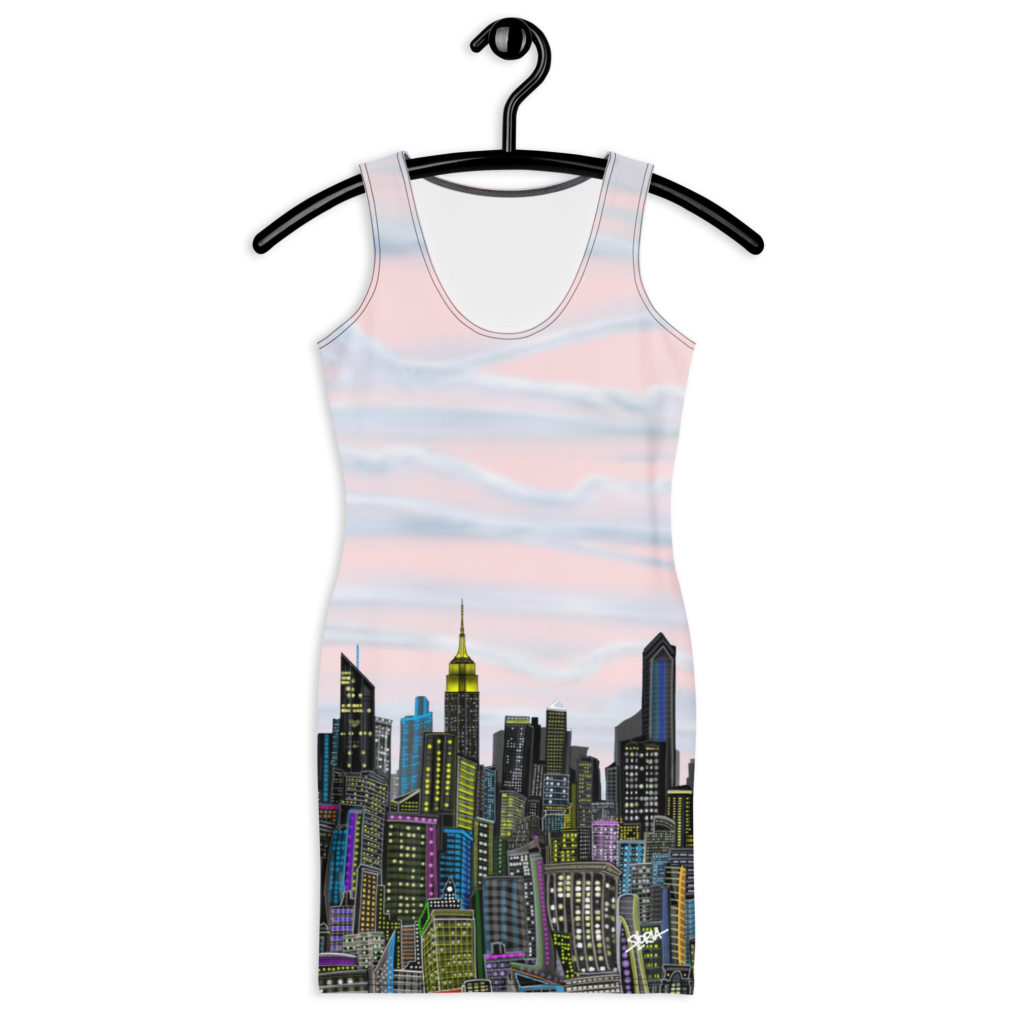 Bodycon Dress with Rosa Pallido Manhattan NYC Skyline by Loria NYC Art showing cityscape design on a hanger against a white background