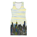 Bodycon Dress in Cumulus Giallo Yellow White with NYC Skyline by S. Loria NYC Art on a white background
