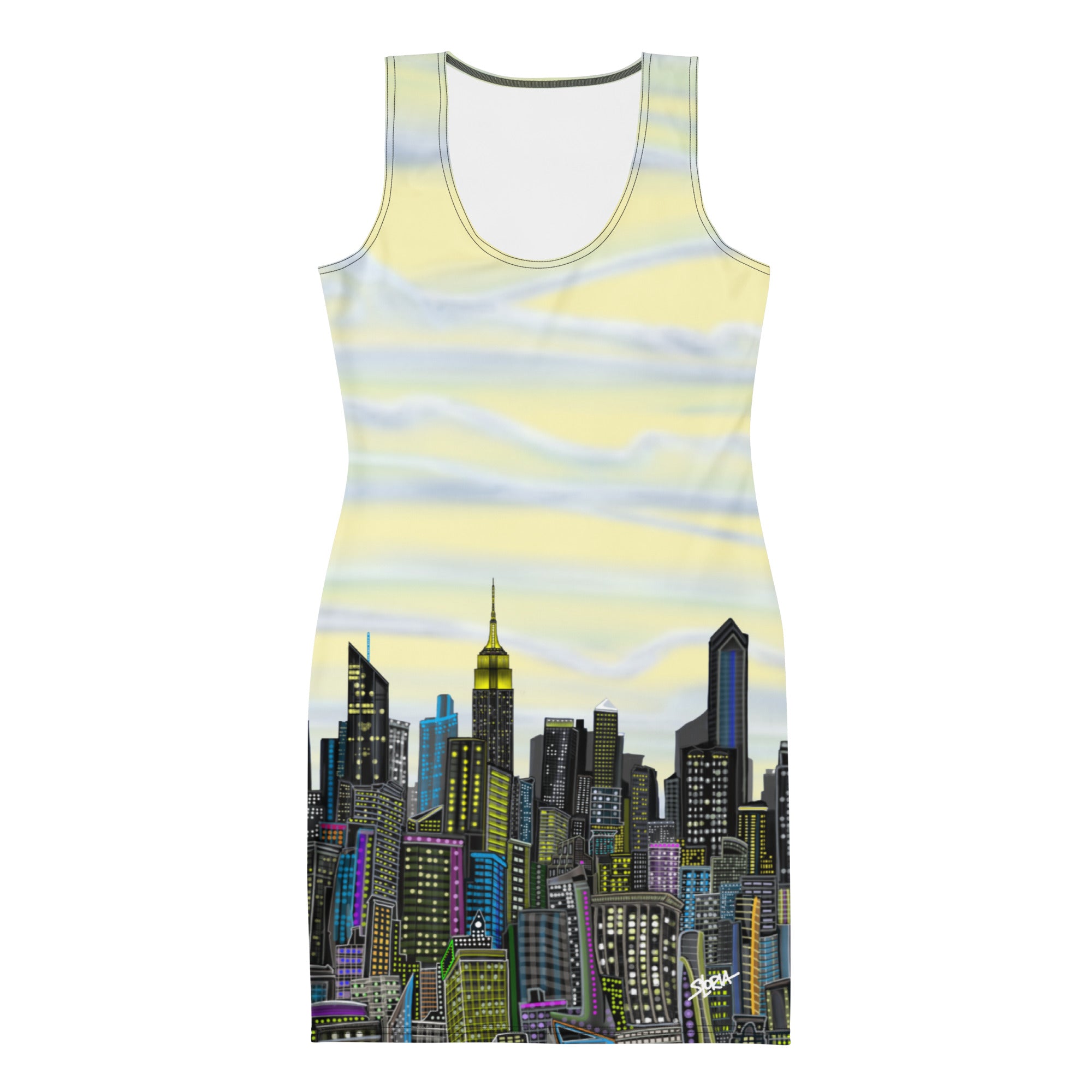 Bodycon Dress in Cumulus Giallo Yellow White with NYC Skyline by S. Loria NYC Art on a white background