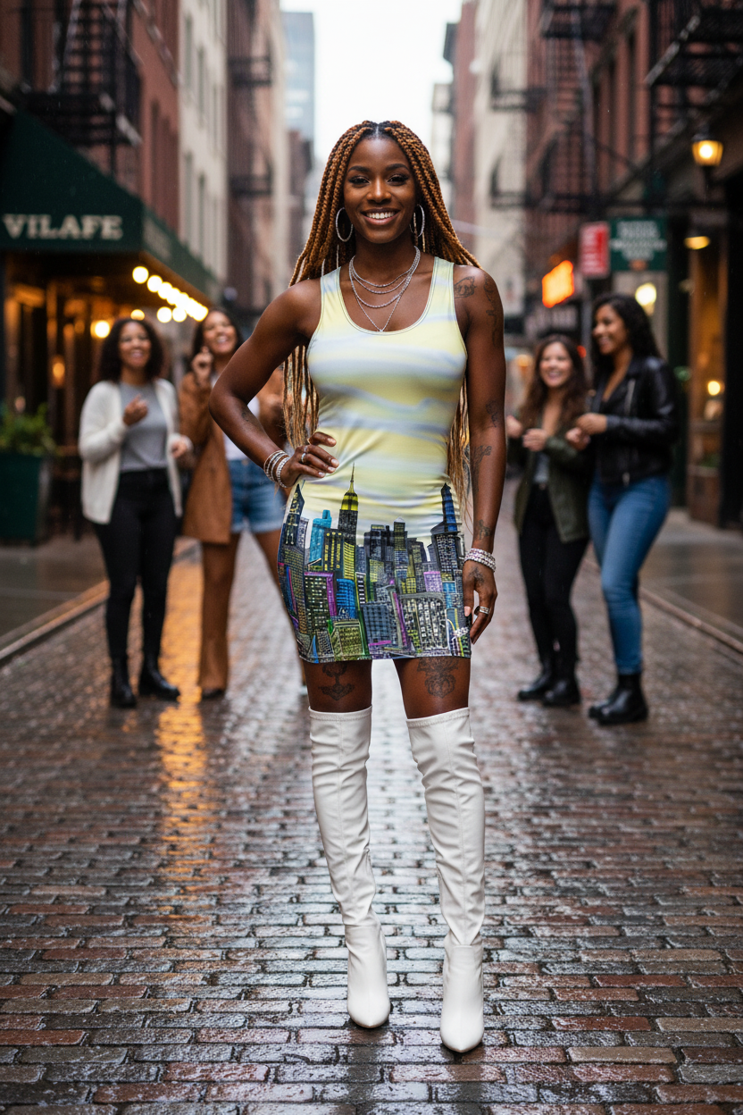 Woman walking down a city street wearing a colorful Loria NYC Art dress, surrounded by other people.