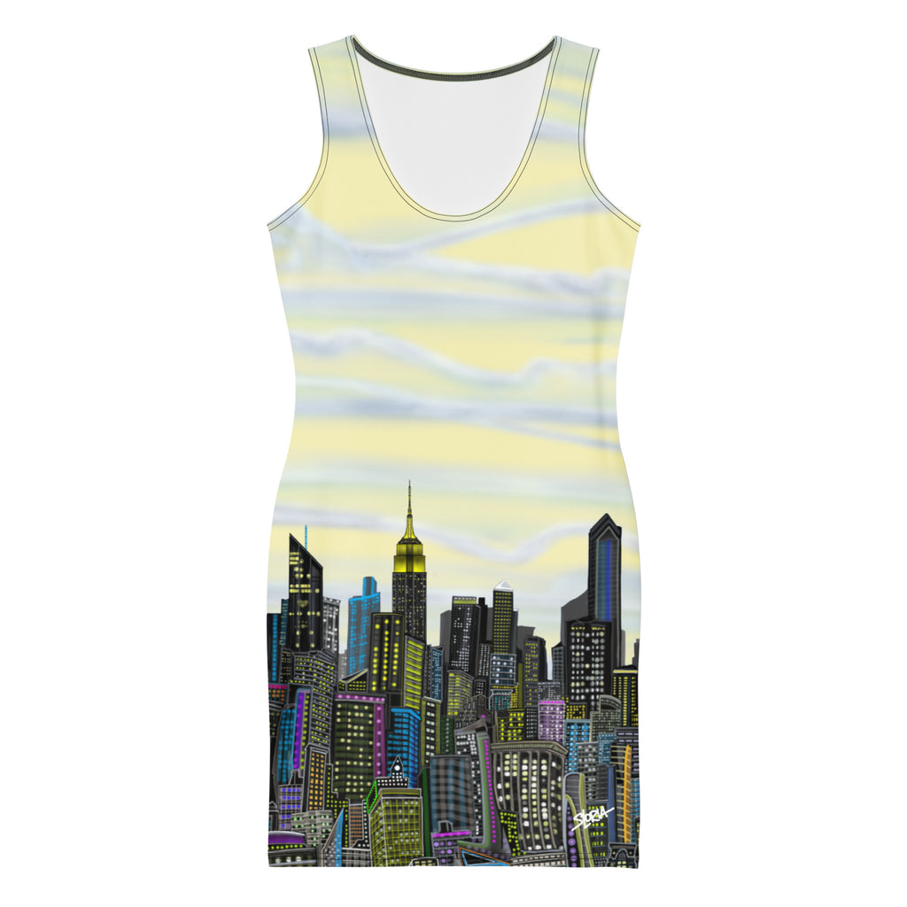 Bodycon Dress with Yellow White color sky and NYC Skyline by S. Loria NYC Art