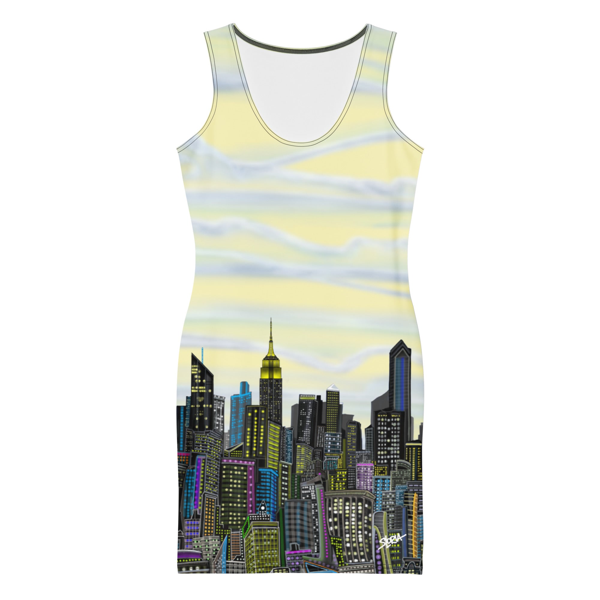 Bodycon Dress with Yellow White color sky and NYC Skyline by S. Loria NYC Art