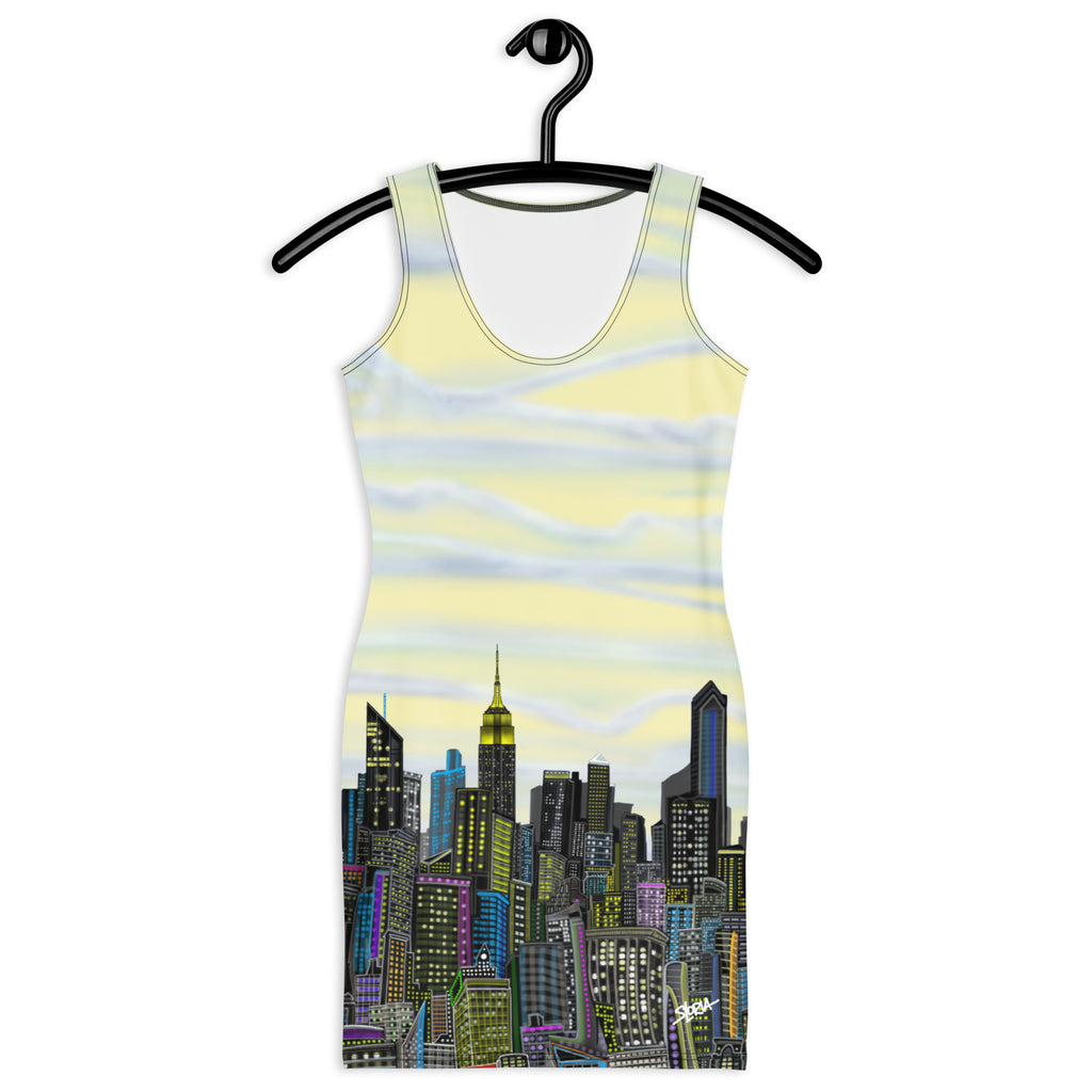 Sleeveless Bodycon Dress with Cumulus Giallo Yellow White color sky and NYC Skyline by S. Loria NYC Art on a hanger against a white background