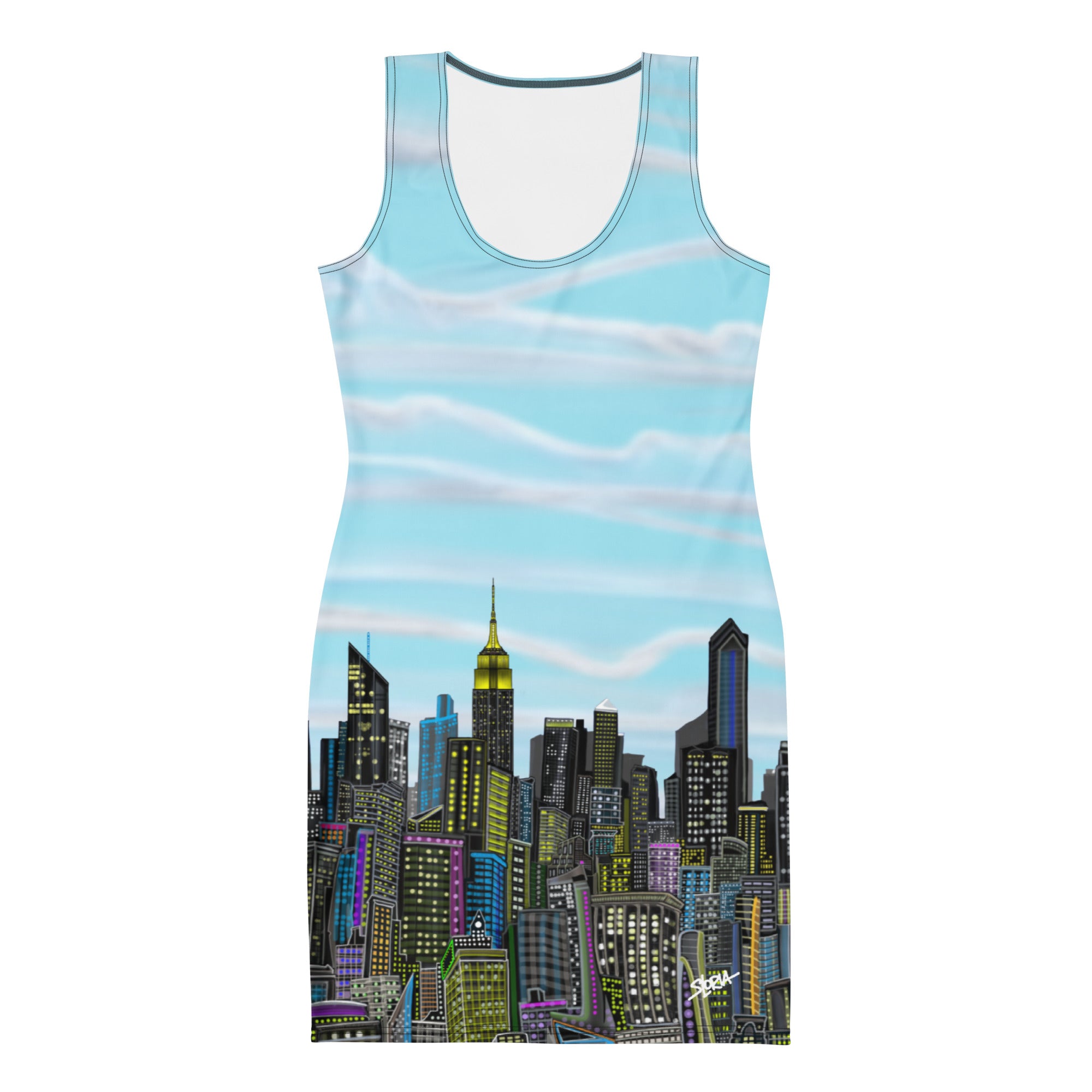 Front of a Dress with a Loria NYC Art design with white background