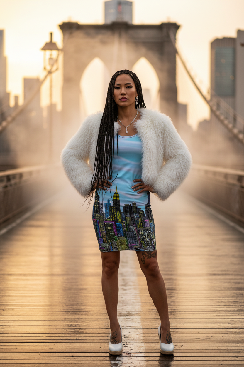 Woman wearing colorful Loria NYC Art dress standing on a bridge with a city skyline in the background