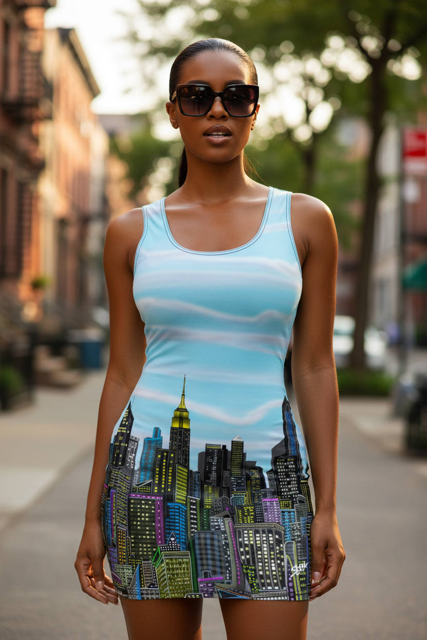 Woman wearing a dress with a Loria NYC Art cityscape design on a street.