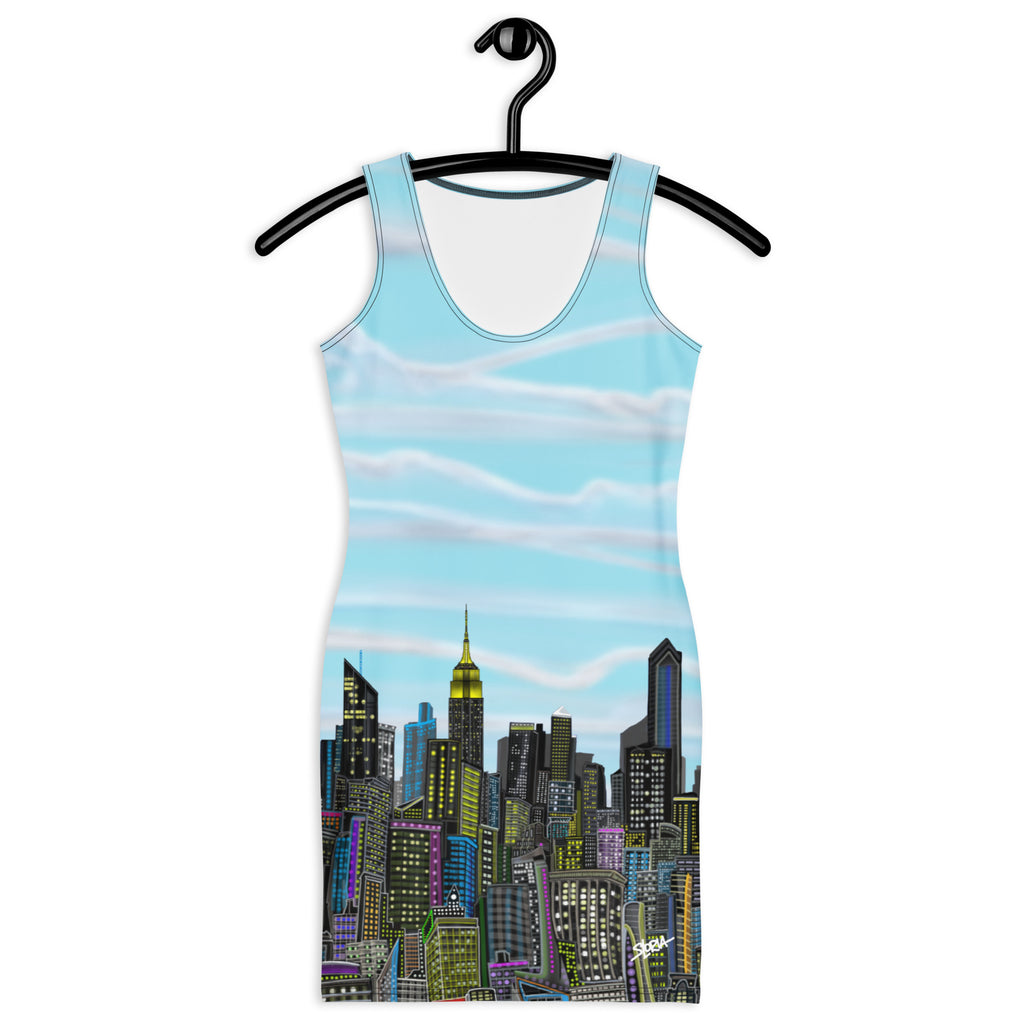 Front of a Bodycon Dress with Cumulus Azzurro Blue NYC skyline by S. Loria NYC Art with white backround on a hanger against a white background