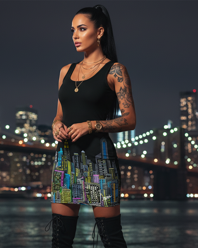 Woman wearing a black colorful Loria NYC Art dress with a cityscape background
