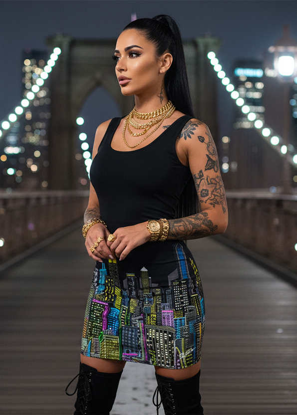 Woman in a black colorful Loria NYC Art dress standing on a bridge with city lights in the background