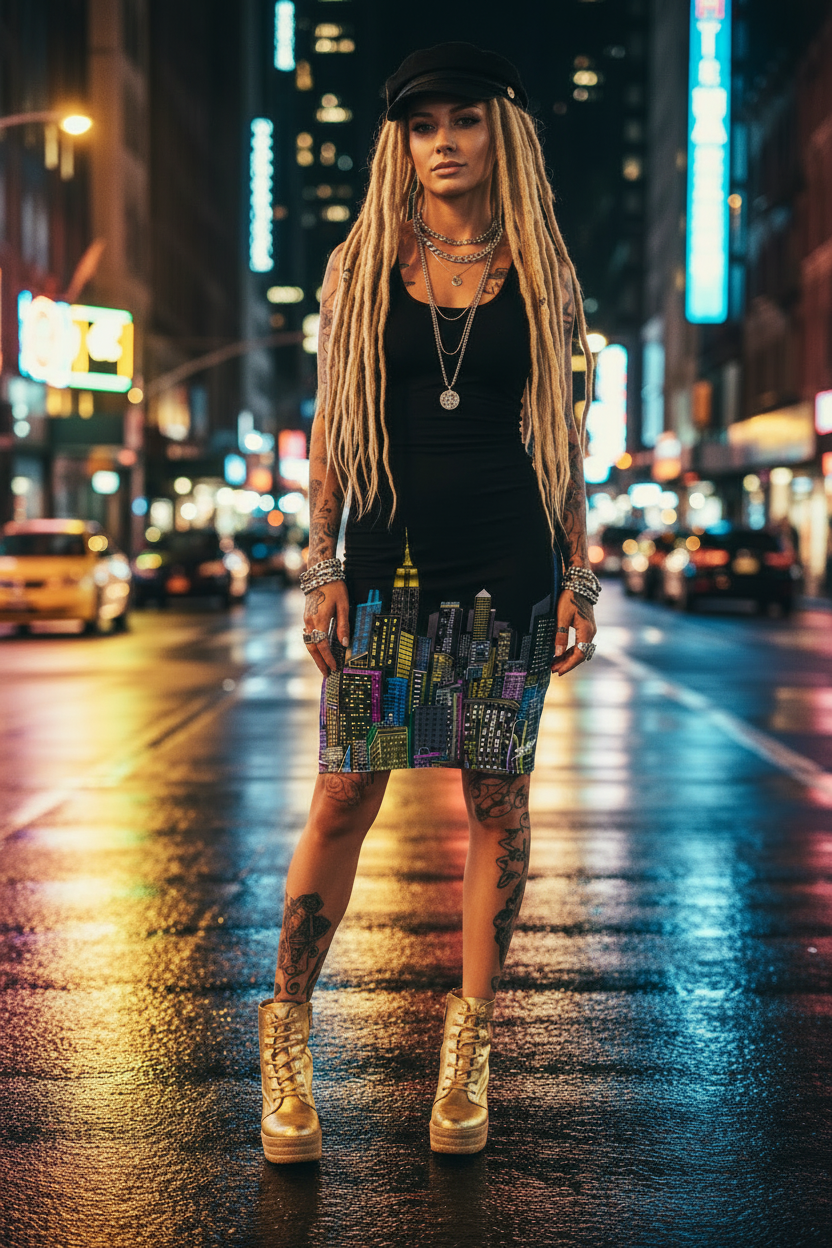 Person with long braided hair wearing a black dress with colorful a Loria NYC Art design and gold boots on a city street at night.