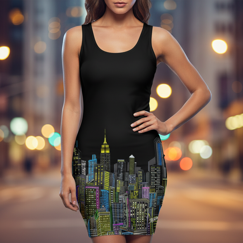 Woman wearing a black dress with a Loria NYC Art cityscape print on a blurred city street background