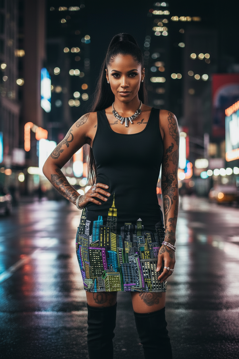 Woman wearing a Black Loria NYC Art dress standing on a city street at night with illuminated signs in the background