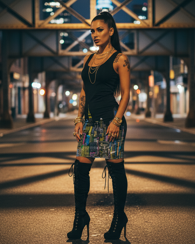 Woman standing on a city street at night, wearing a black Loria NYC Art dress.