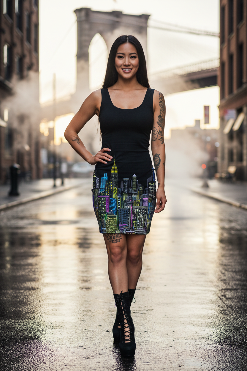 Woman in a black tank top and Loria NYC Art colorful skirt standing on a city street with a bridge in the background.