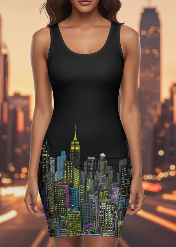 Woman wearing a black dress with a cityscape Loria NYC Art design against a blurred city street background.