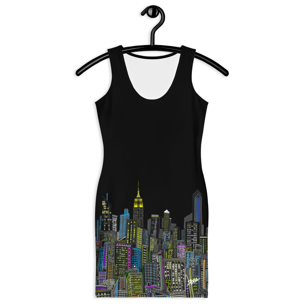 Front view of a black dress with a Loria NYC Art Skyline design on a hanger against a white background