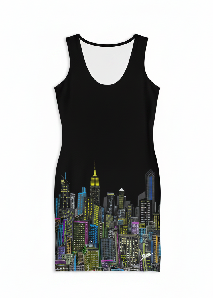 Black body on dress with Loria NYC Art on a white background.
