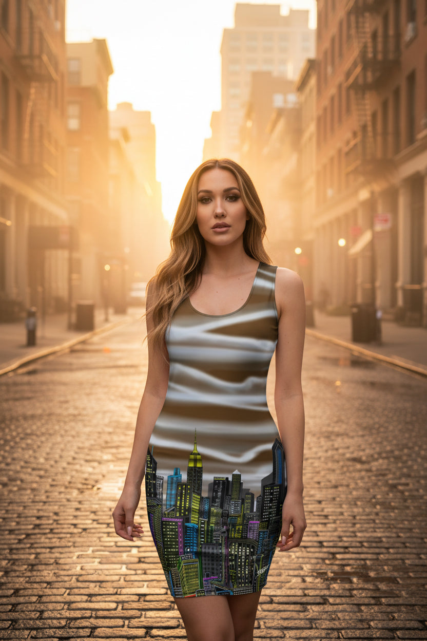 Women wearing a  Bodycon Dress with brown design by Loria NYC Art
