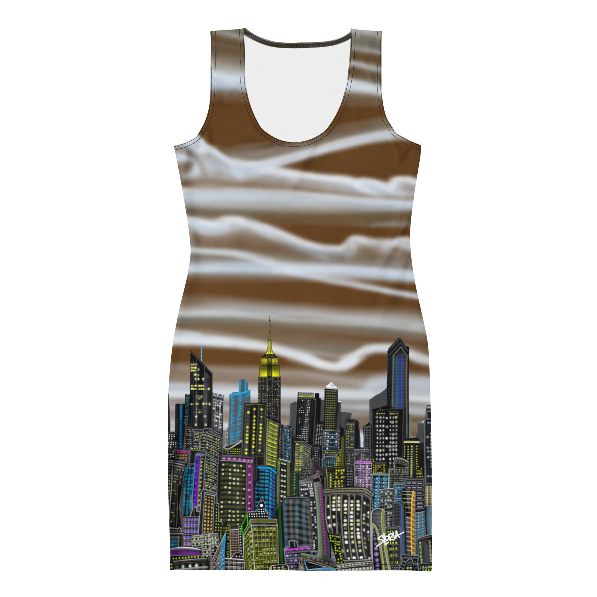 Bodycon Dress with Nubi Bianche su Terra Brown Mist NYC skyline design by S. Loria NYC Art on white backround