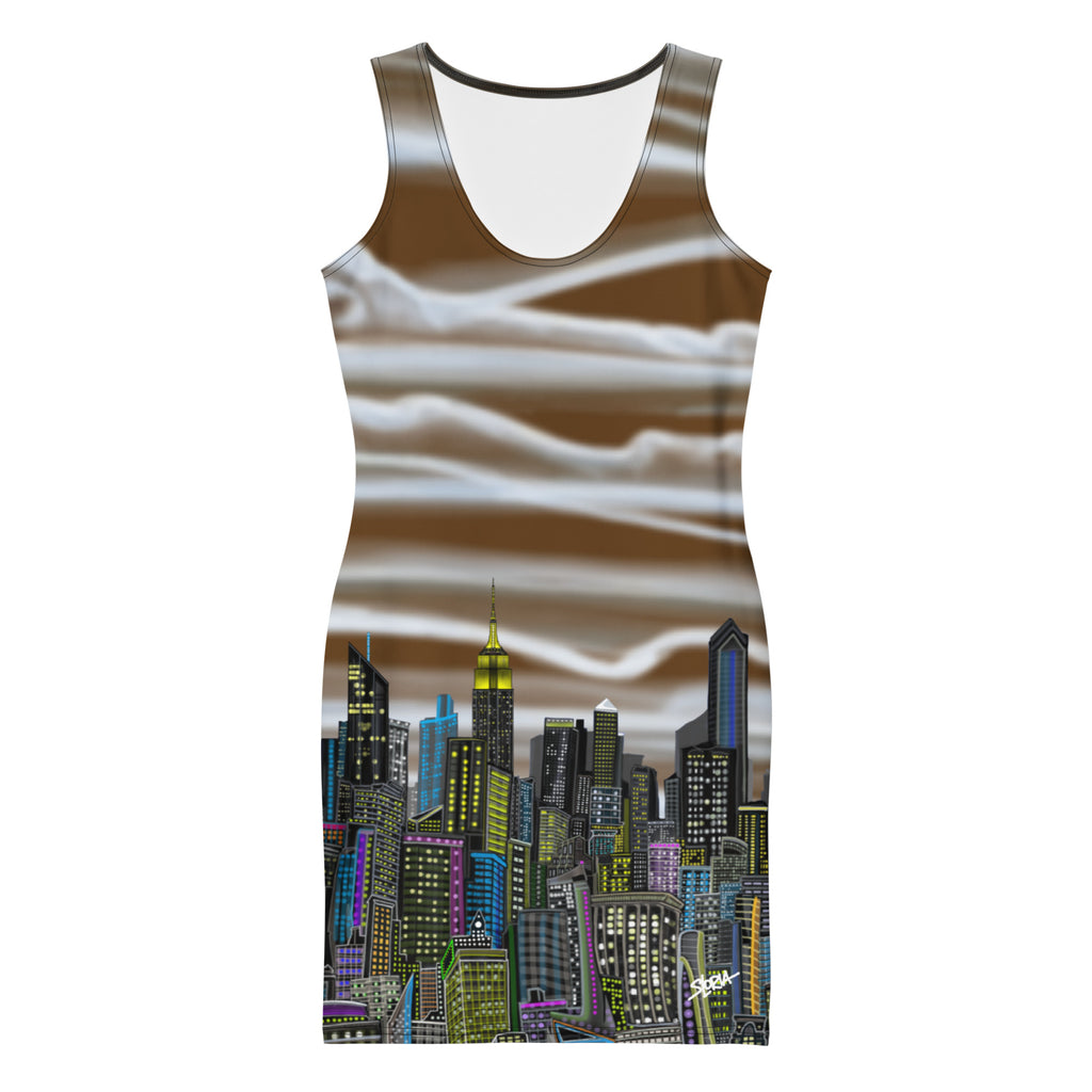 Front of a Bodycon Dress brown Nubi Bianche su Terra design by Loria NYC Art