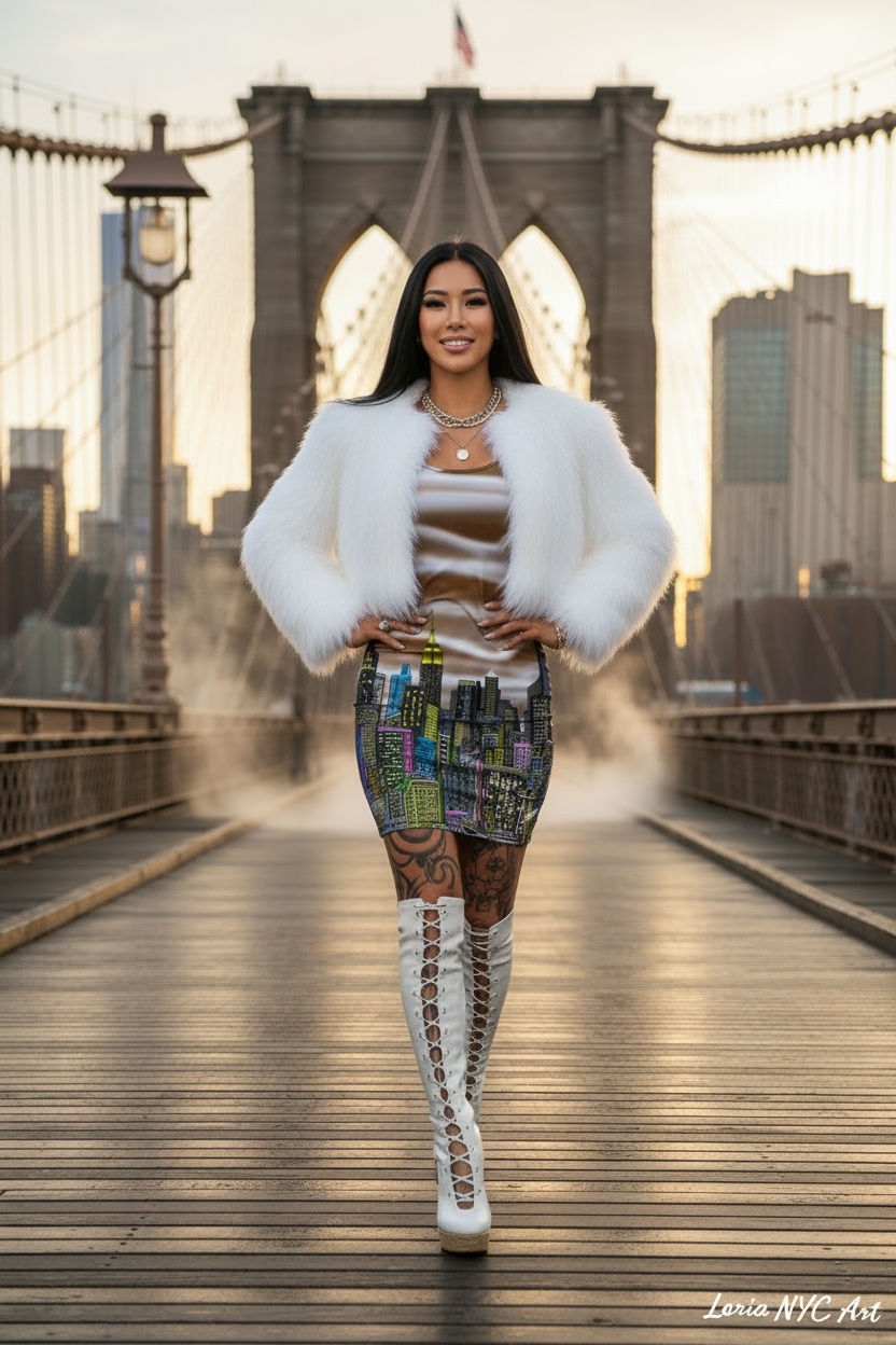 Woman walking wearing on a bridge a cityscape Loria NYC Art dress.