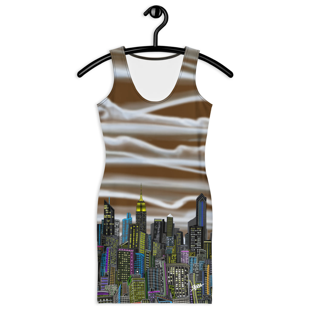 Front of a Sleeveless Bodycon Dress with brown Nubi Bianche su Terra NYC skyline design by Loria NYC Art on a hanger against a white background
