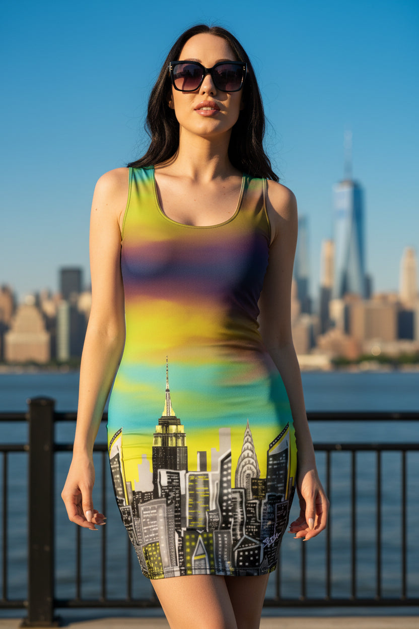 Women in sleeveless dress with a Loria NYC Art skyline design.