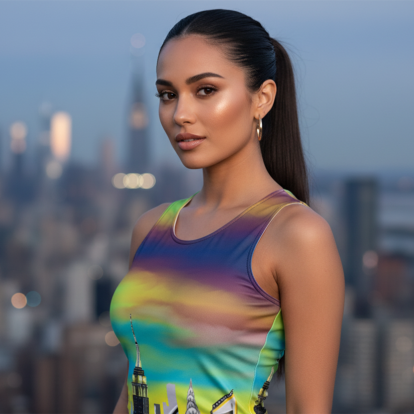 Woman wearing a colorful Loria NYC Art dress with a cityscape design, standing against a blurred city skyline.