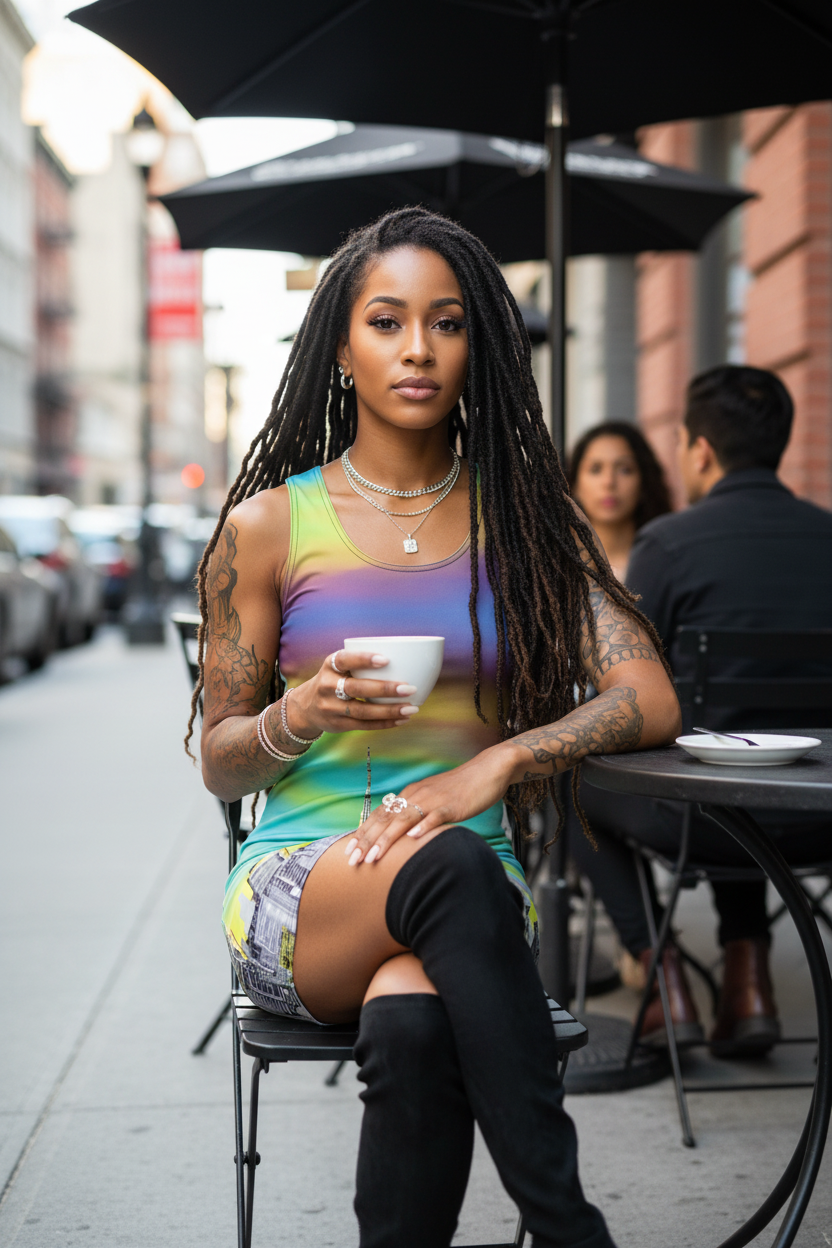 Woman sitting outdoors holding a cup, wearing a colorful Loria NYC Art dress with tattoos visible.
