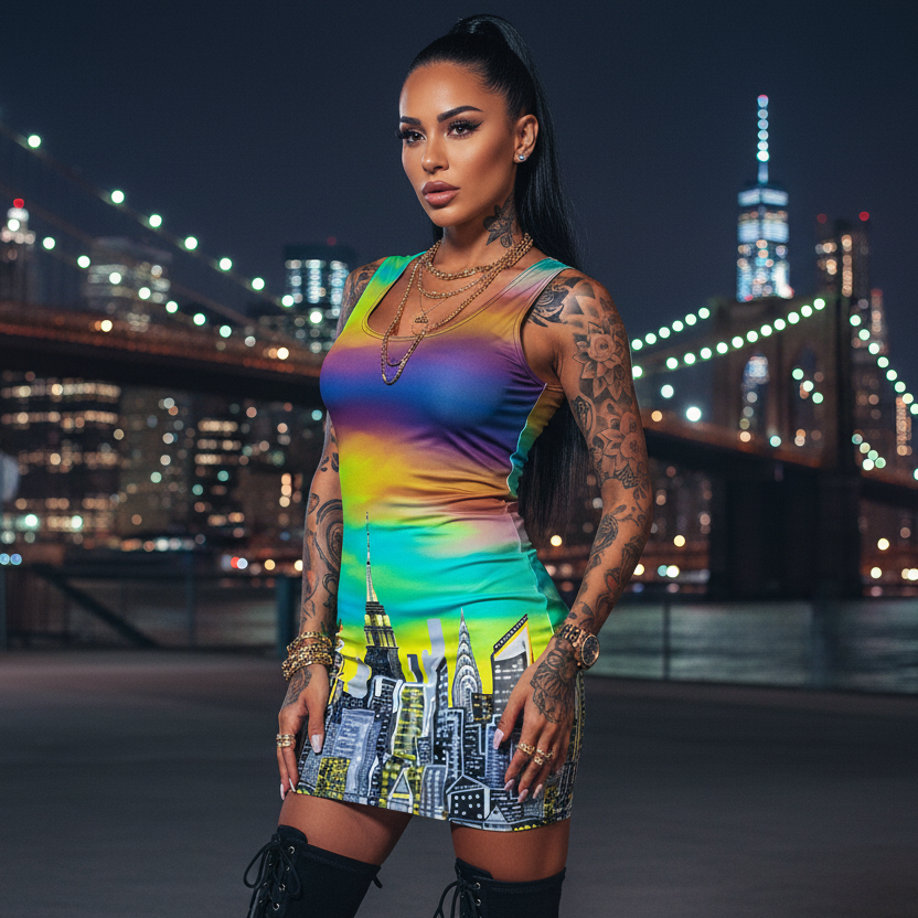 Woman in a colorful Loria NYC Art dress standing in front of a city skyline at night.