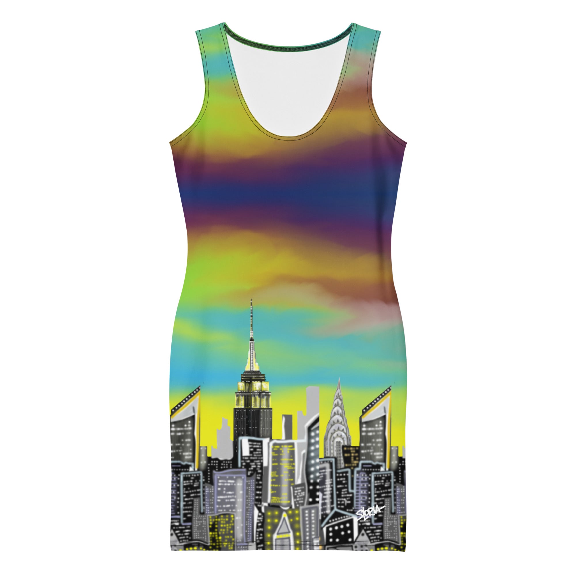 Front of Sleeveless Bodycon Dress with Notte Terra Urbana NYC skyline designed by S.Loria NYC Art on white background 