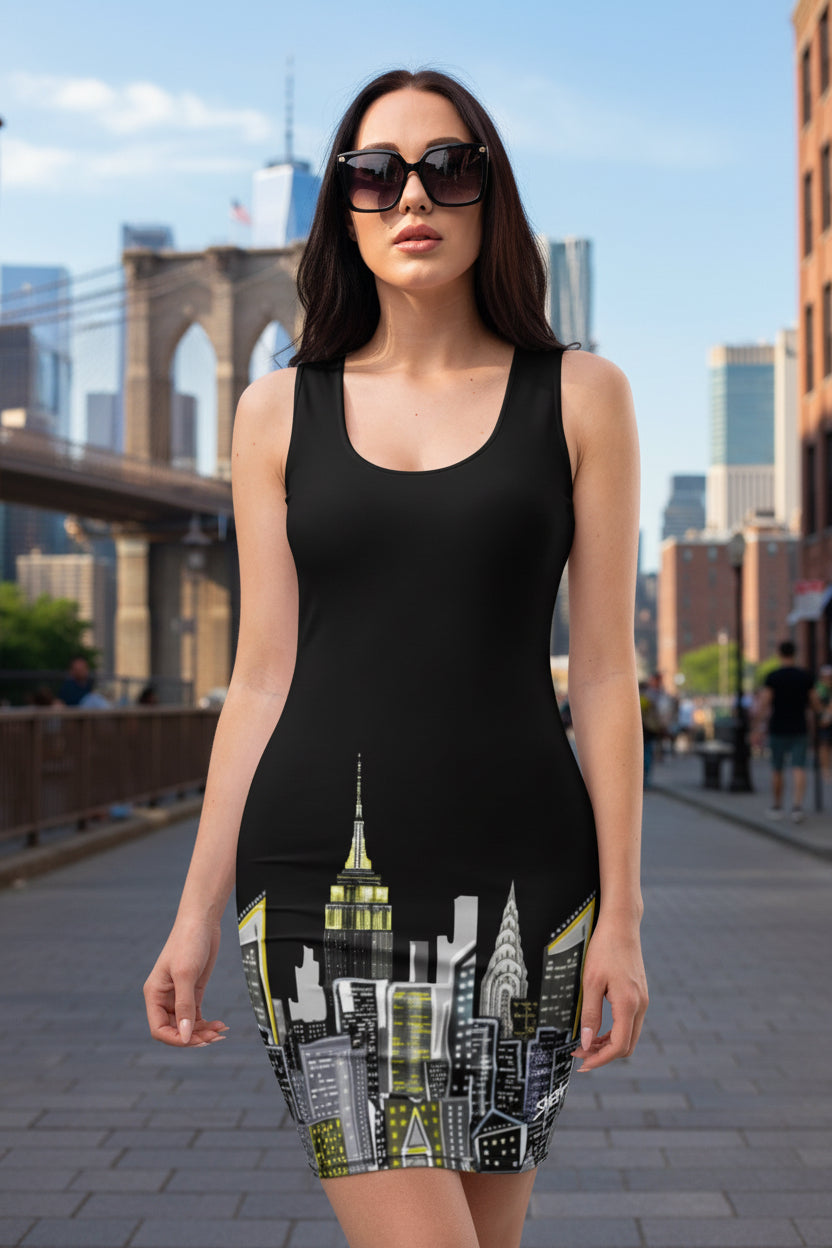 Black sleeveless dress with cityscape Loria NYC Art design worn by a model on a urban background