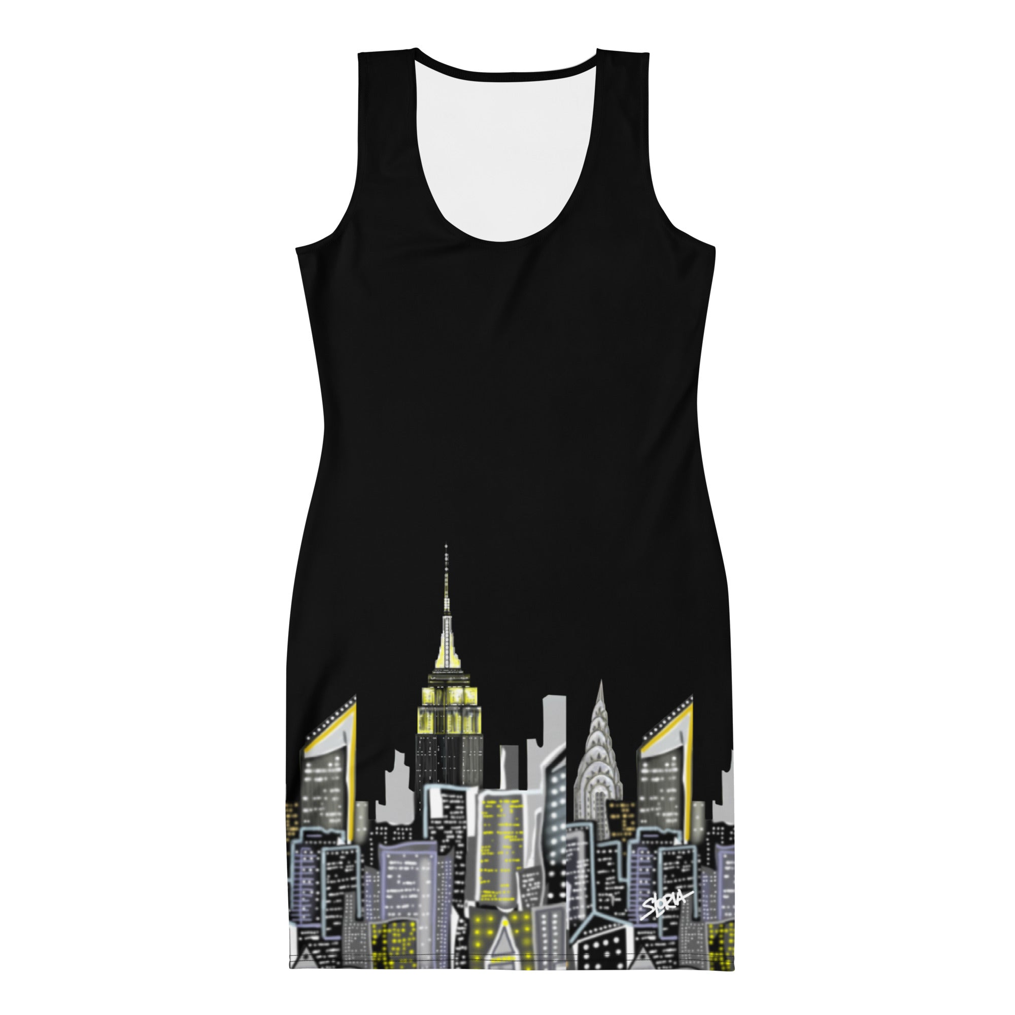 Black sleeveless Bodycon Dress with Notte Nera Urbana design by S.Loria NYC Art