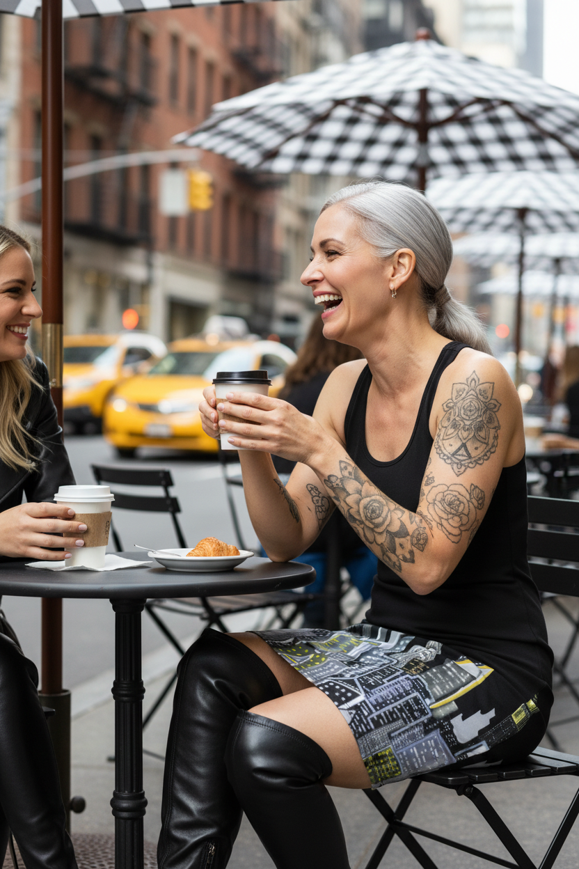 Women wearing a Loria NYC Art sitting at an outdoor cafe table in a city street, enjoying coffee and conversation.