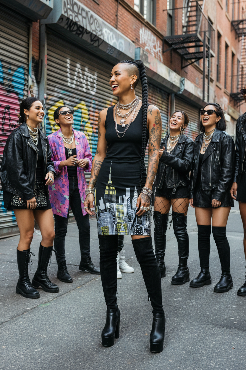 Woman with a shaved head and tattoos wearing a black Loria NYC Art dress standing in front of a group of women on a city street.