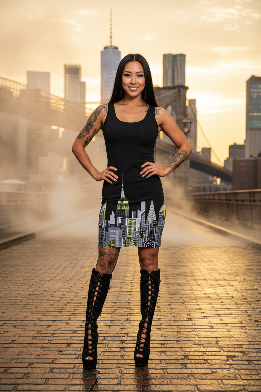 Woman in a black dress with cityscape Loria NYC Art design and knee-high boots standing on a rooftop with city skyline in the background.